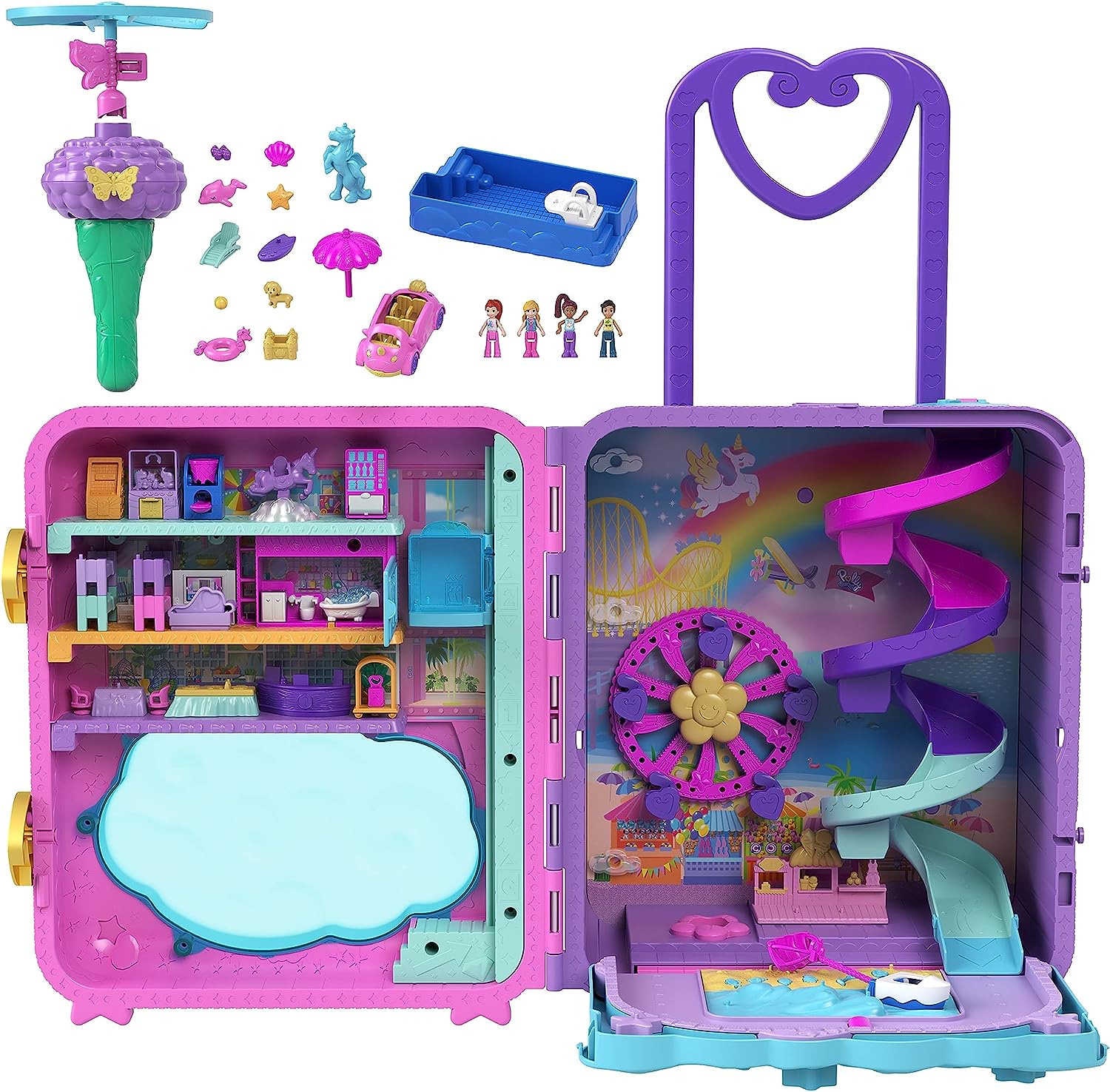 Polly Pocket Pollyville Resort Roll Away Playset - 4 Dolls, 1 Vehicle, 25+ Accessories, Ages 4-10