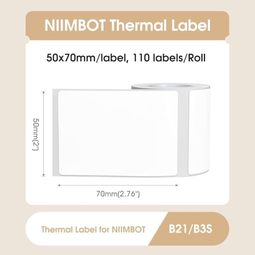 NIIMBOT B21/B3S Label Maker Tape - 1.97" x 2.76" (50x70mm) Waterproof Sticker Paper, 110 Labels per Roll, Strong Adhesive, Tearproof, Oil-Proof, Compatible with NIIMBOT B21 Printer