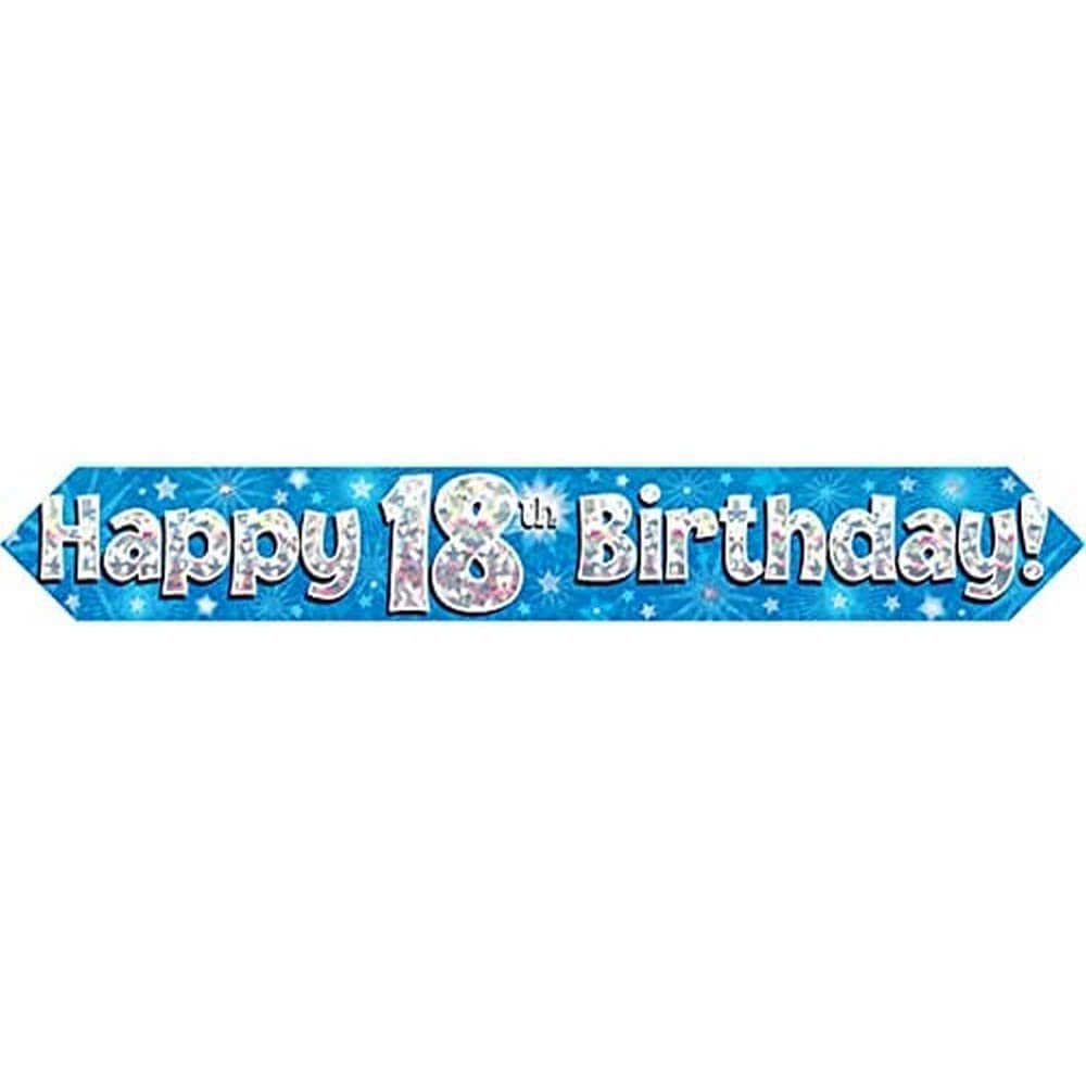 OakTree Happy 18th Birthday Banner - 9ft Length | Blue Holographic Polyester | Foldable 1