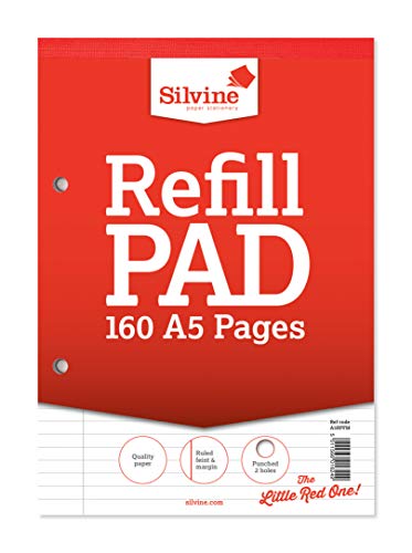 Silvine A5 Refill Pad - 160 Pages | 8mm Feint Ruled with Margin | 2 Hole Punched
