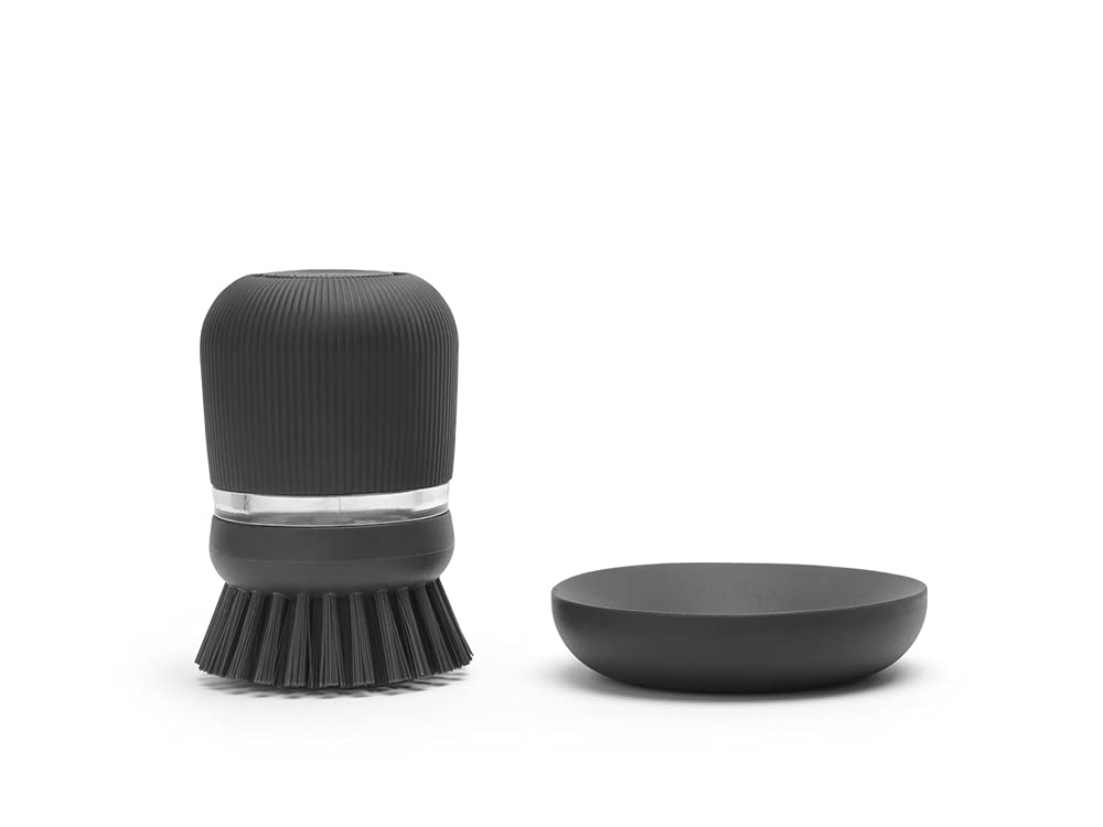 Brabantia Refillable Soap Dispensing Washing Up Brush - Ergonomic Grip, Integrated Reservoir, Drying Tray | Dark Grey