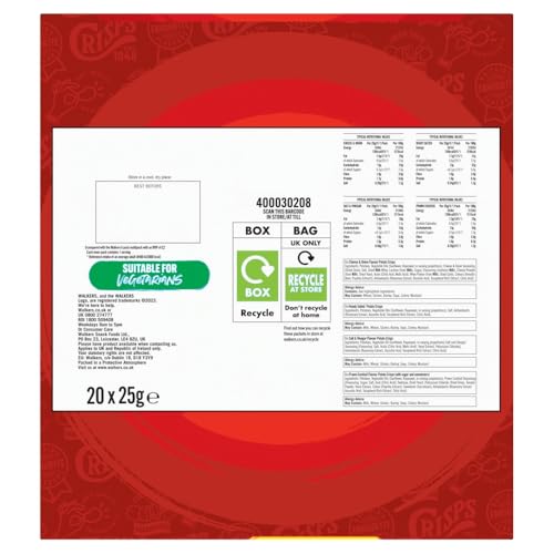 Walkers Classic Variety Multipack Crisps Box 20x25g - Ready Salted, Cheese & Onion, Salt & Vinegar, Prawn Cocktail 5
