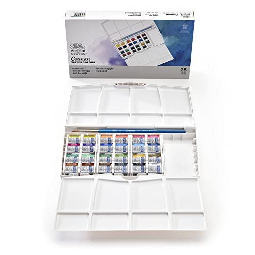Winsor & Newton Cotman Watercolour Travel Set - 24 Half Pans + Brush | High Lightfastness 4