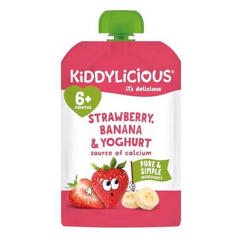 Kiddylicious Strawberry & Banana Yogurt Pouches - 6 Pack of Smooth Purée Snacks with Calcium for Toddlers 3