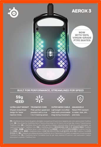 SteelSeries Aerox 3 - 59g Ultra-Lightweight Holey RGB Gaming Mouse with IP54 AquaBarrier 10