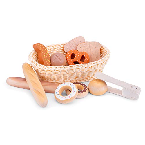 New Classic Toys Bread Basket with Wooden Bread Pieces for Pretend Play Kitchen | Ages 2+ | Wood