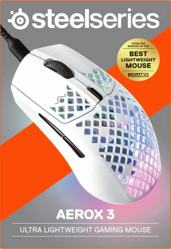 SteelSeries Aerox 3 Snow - Ultra-Lightweight Holey RGB Gaming Mouse, 8500 DPI TrueMove Core Sensor, IP54 Water Resistant, 59g 21