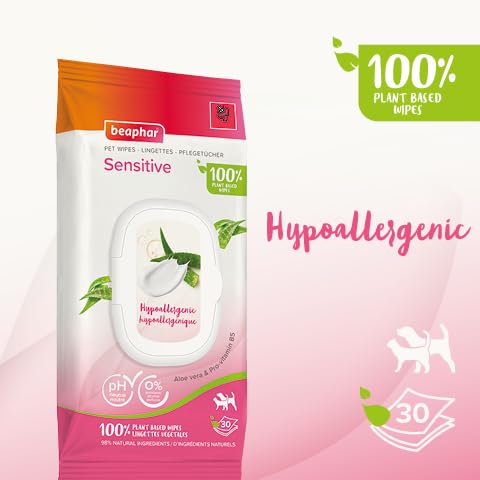 Beaphar Sensitive Grooming Wipes for Cats & Dogs | 100% Plant-Based | Aloe Vera & Pro-Vitamin B5 2