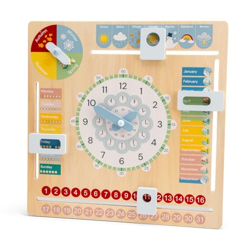 New Classic Toys Wooden Calendar Clock for Teaching Time, Seasons, and Weather