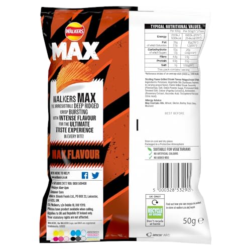Walkers Max Sizzling Flame Grilled Steak Crisps 50g (Pack of 24) 7