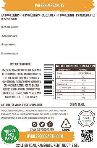 Wholefood Earth Paleskin Peanuts 1 kg | GMO Free | Natural | High Fibre | Recyclable Packaging
