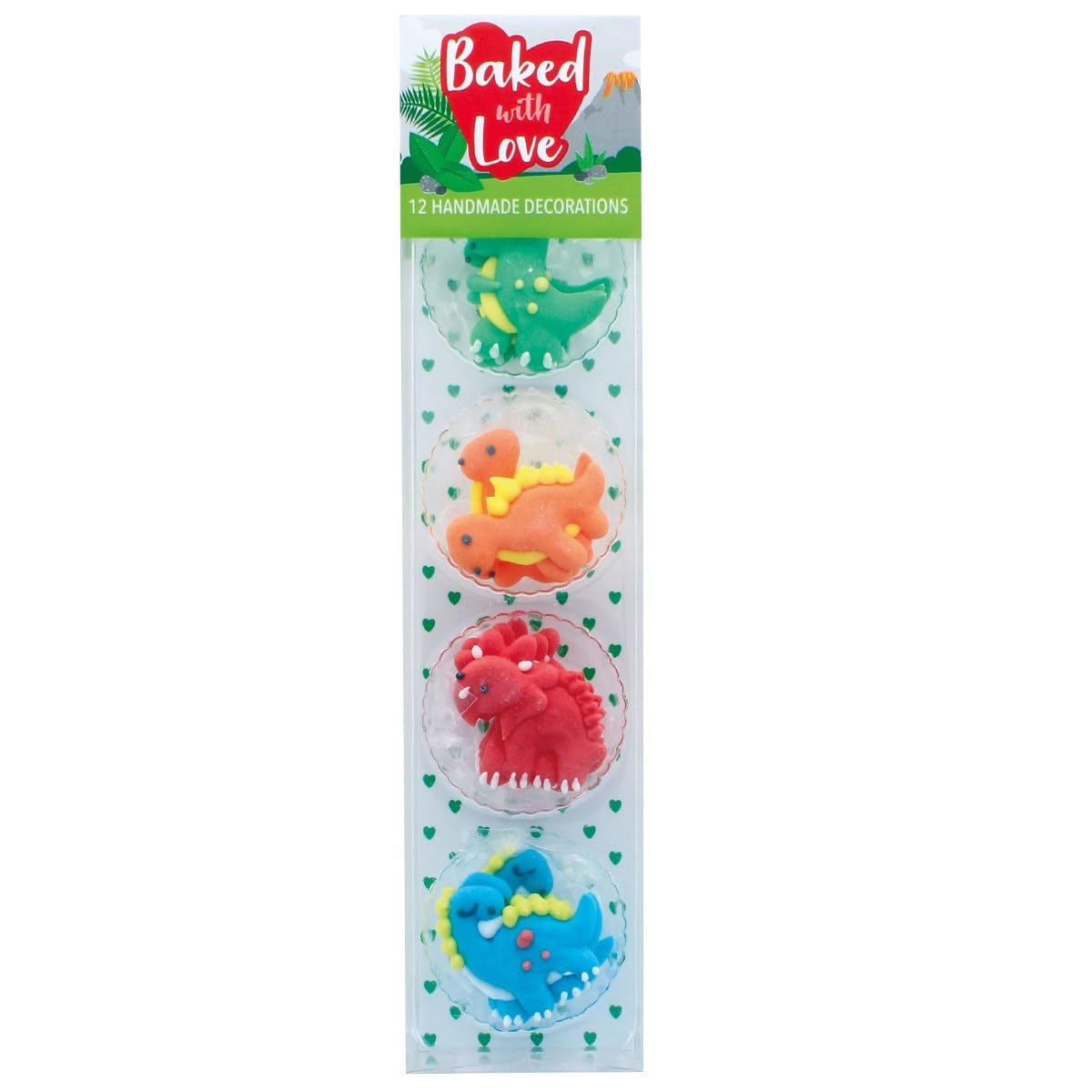 Baked with Love Dinosaur Edible Sugar Cake Toppers - Pack of 12 | 25mm Diameter | Vegetarian & Coeliac Safe
