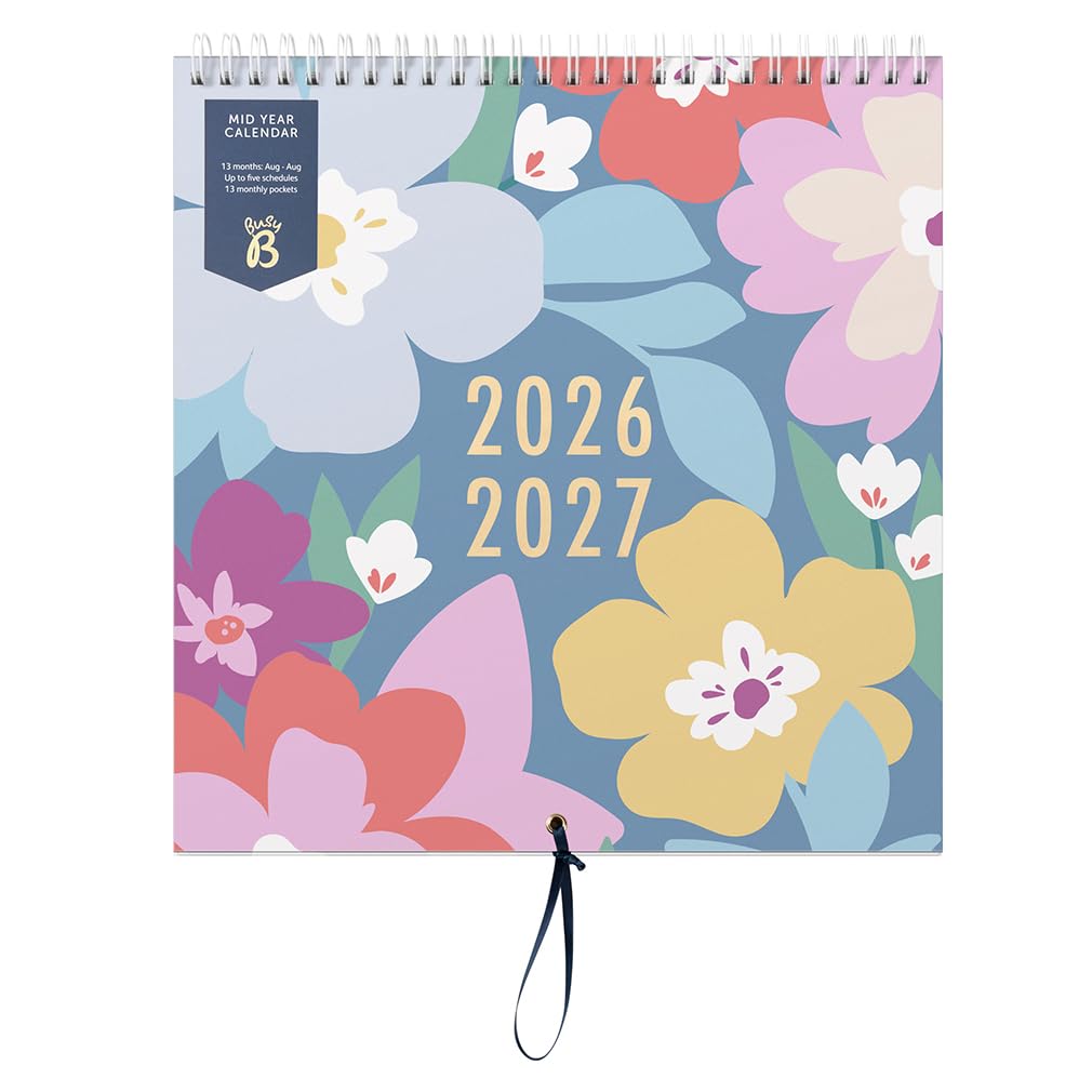 Busy B Family Wall Calendar - Mid-Year Aug '26 - Aug '27 | Floral | Organiser for 5 Members