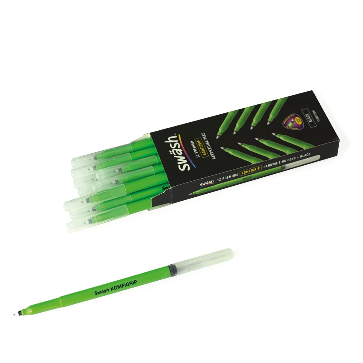 Swash KOMFIGRIP THW12BK Pens for Handwriting, Washable Ink and Pressure-Resistant Tips – Black (Pack of 12) 2
