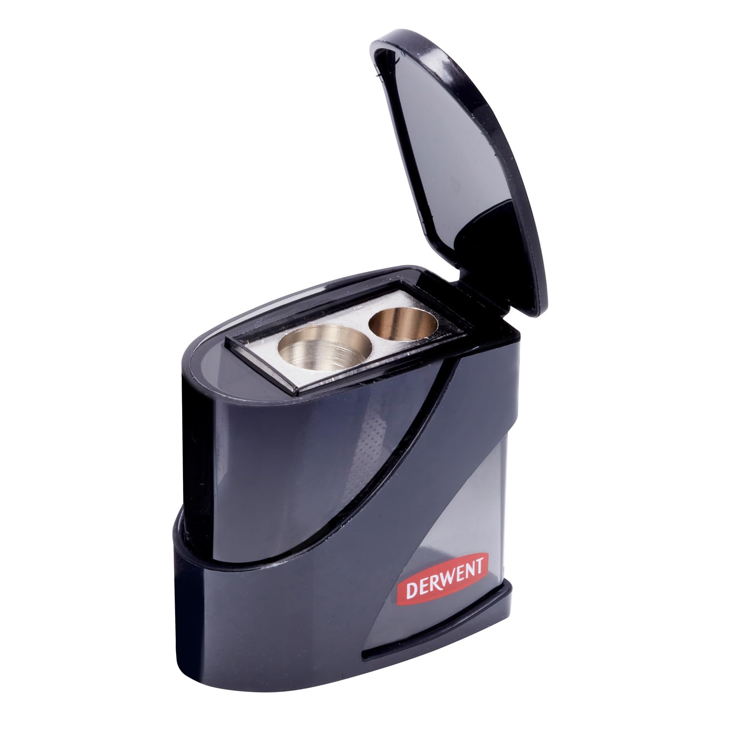 Derwent Twin Hole Pencil Sharpener with Container - Dual Hole Manual Metal Blades | Black