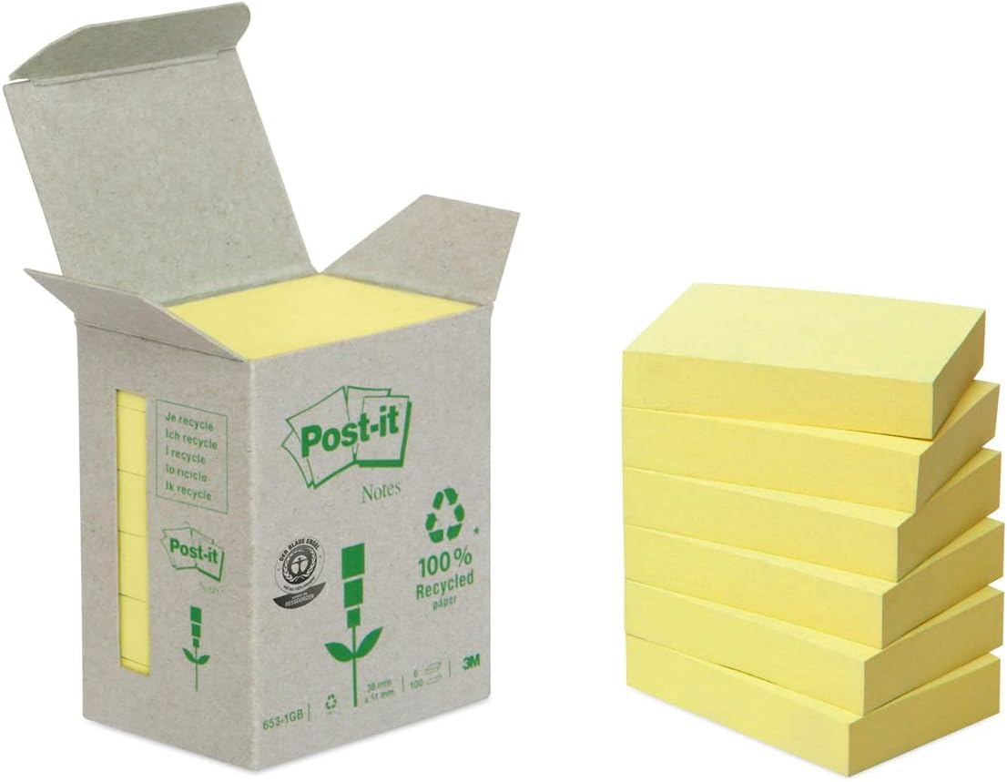Post-it Recycling Notes - Canary Yellow, 6 Pads of 100 Sheets Each | 100% Recycled Paper