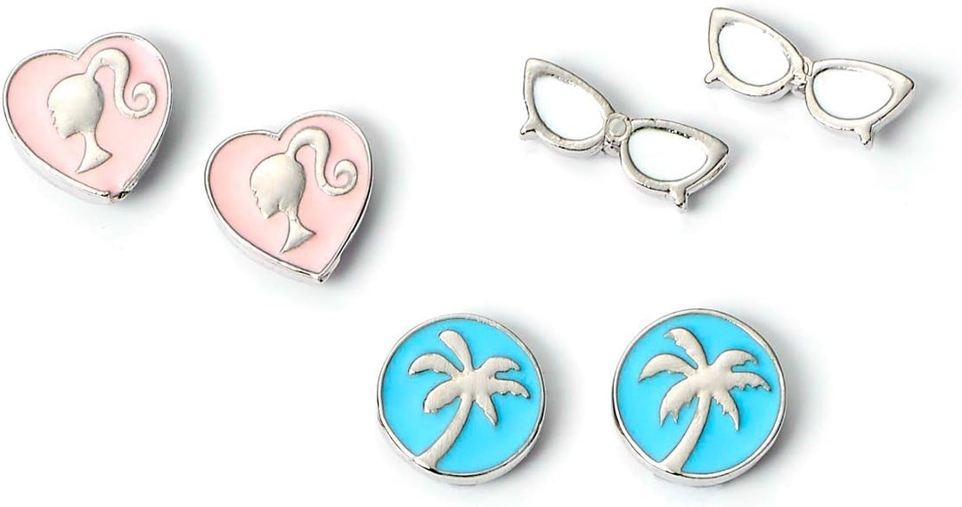 Barbie Set of Three Classic Stud Earrings - Barbie Silhouette, Palm Tree, and Glasses Designs - Zinc, Nickel-Safe, Cadmium & Lead-Free