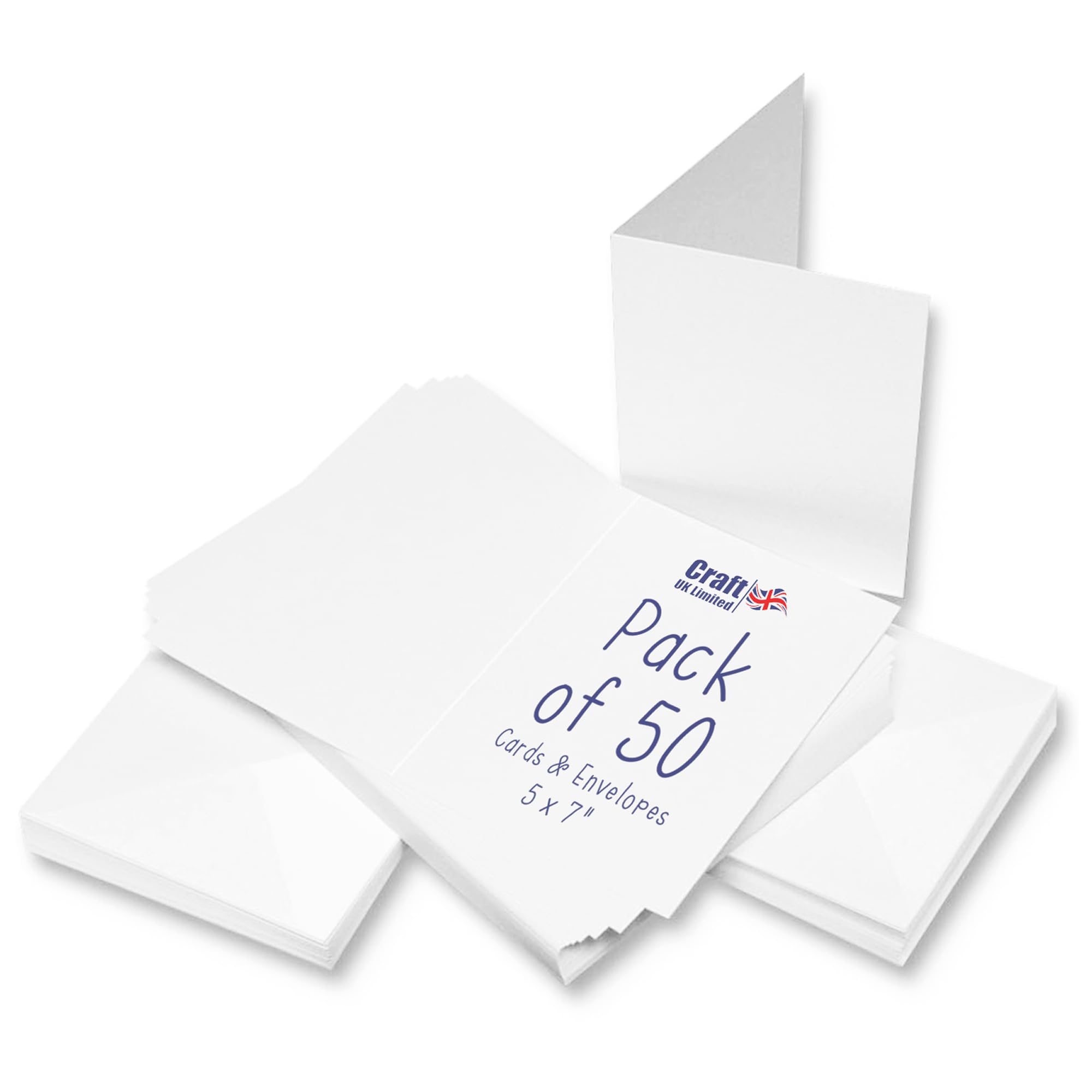 Craft UK Blank Greeting Cards and Envelopes - 50 Pack | 5 x 7 Inch | White Card Stock