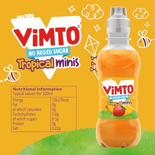 Vimto Kids Tropical Mango, Strawberry & Pineapple Juice Drink – No Added Sugar, 250ml Resealable Bottles (Pack of 6)