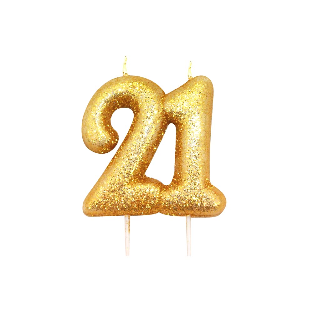 Anniversary House Number 21 Glitter Birthday Candle - Gold, 7cm Tall
