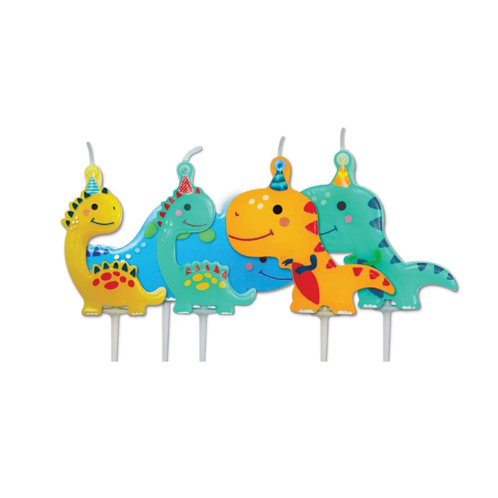 Anniversary House Pack of 5 Multicolour Dinosaur Party Pick Candles | 7.3cm | Celebration Cake Topper Decoration | AHC223