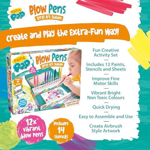 Paint Pop Blow Pens Spray Art Station - 12 Pens, Multi Coloured | Quick-Drying Paint | Includes Stencils & Paper