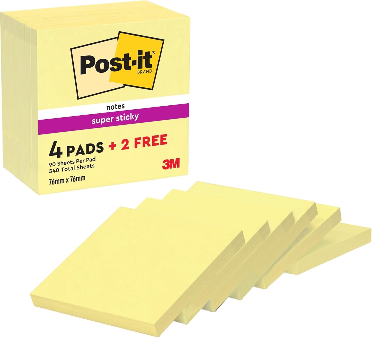 Post-it Super Sticky Notes - 540 Sheets | 76 mm x 76 mm Yellow Square Notes