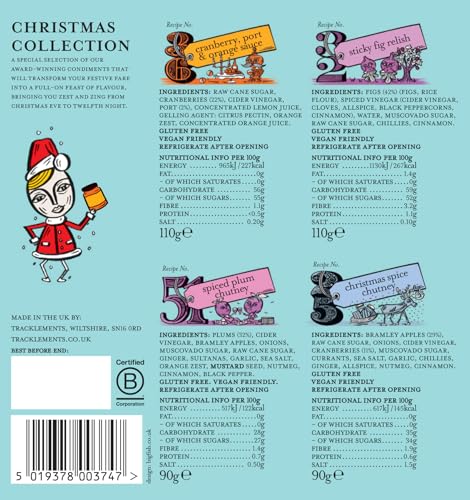 Tracklements The Christmas Collection - Sticky Fig Relish, Cranberry Port & Orange Sauce, Spiced Plum Chutney, Christmas Spice Chutney Gift Set 4