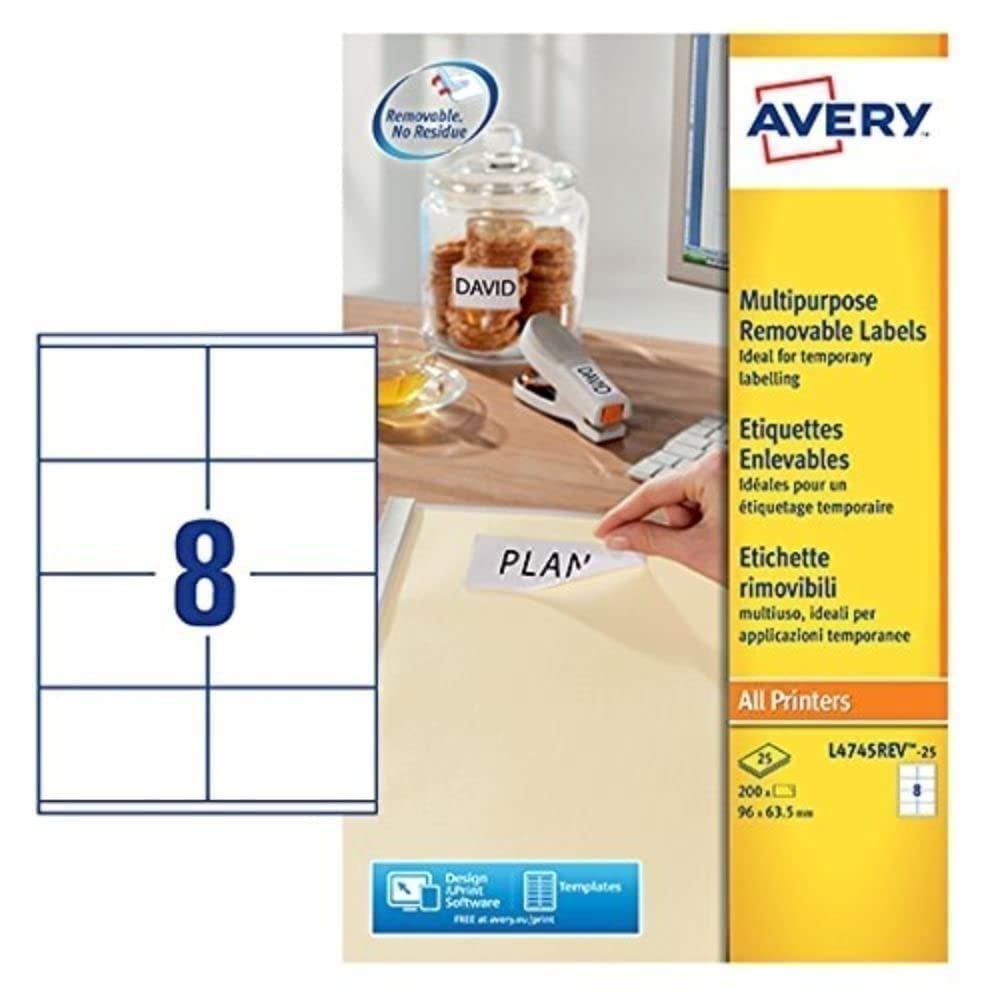 AVERY L4745REV-25 Removable Printer Labels - 8 Labels/Sheet, White, FSC Certified | 96 x 63.5 mm