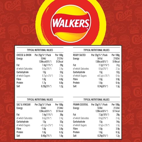 Walkers Classic Variety Multipack Crisps Box 20x25g - Ready Salted, Cheese & Onion, Salt & Vinegar, Prawn Cocktail 6