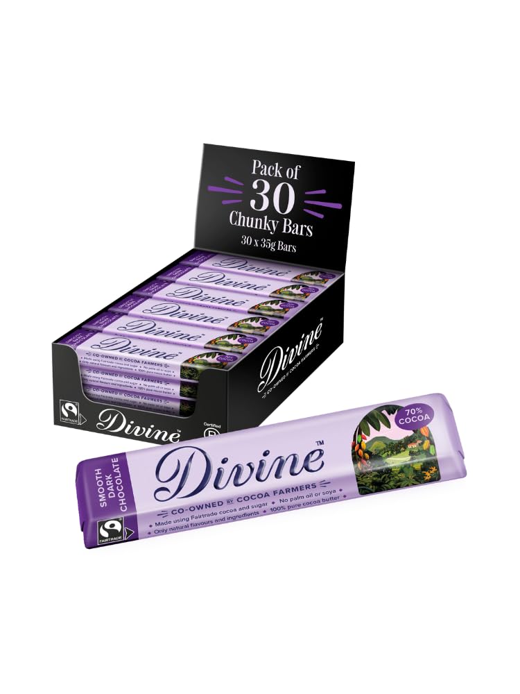 Divine 70% Cocoa Dark Chocolate Bars - 35g Each, Pack of 30 1