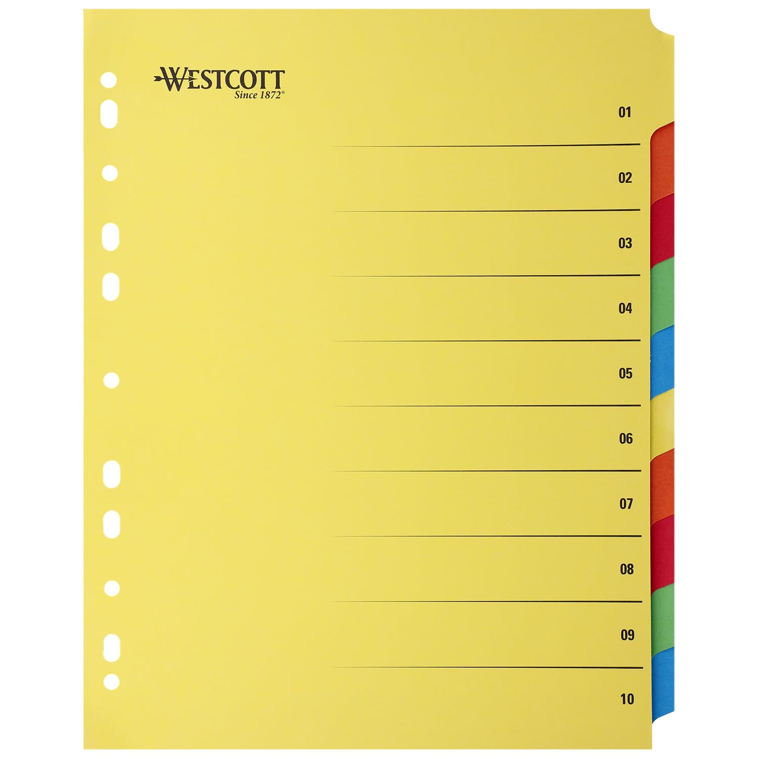 Westcott A4+ Extra-Wide Binder Dividers - 10 Tabs, 5 Colors, Cardboard Material