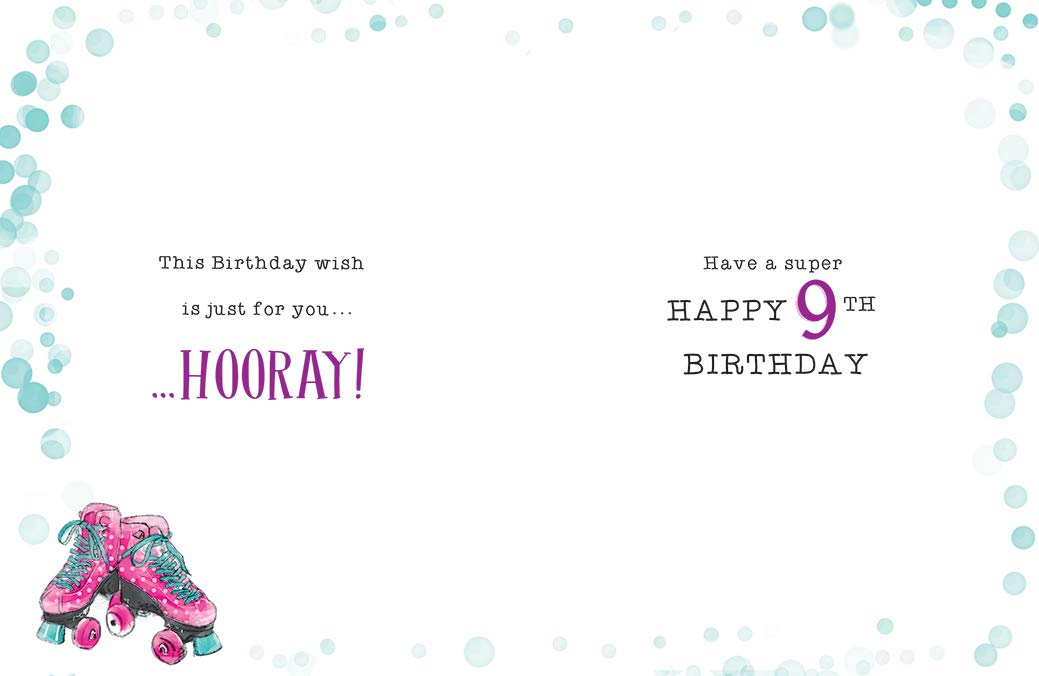 Piccadilly Greetings Girl 9th Birthday Card - Roller Skates Theme | Pink | 8 x 6 Inches