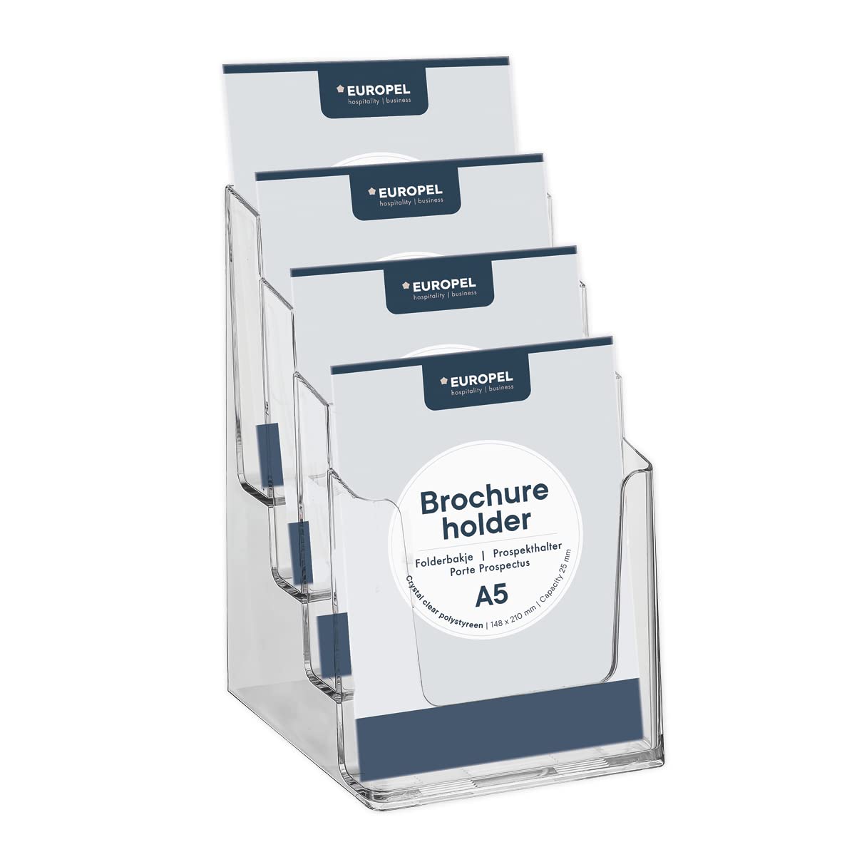 Europel Tiered Brochure Holder Stand - 4x A5 Capacity | Clear Acrylic | Tabletop Mounting 1