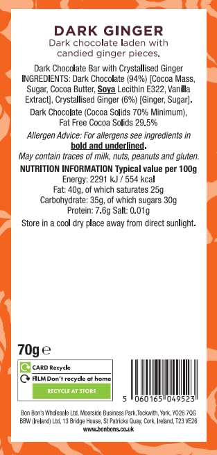 Bon Bons Dark Ginger Chocolate Bar - 70g - 70% Dark Chocolate