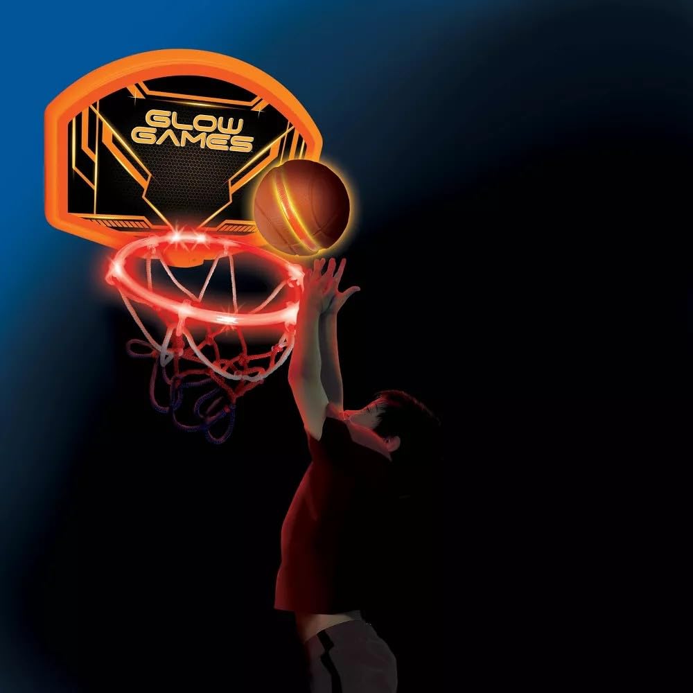 Glow Games Light-Up Basketball Hoop and Ball - LED Glow in the Dark, Flexible Rim, Over-the-Door, Ages 5+ 9
