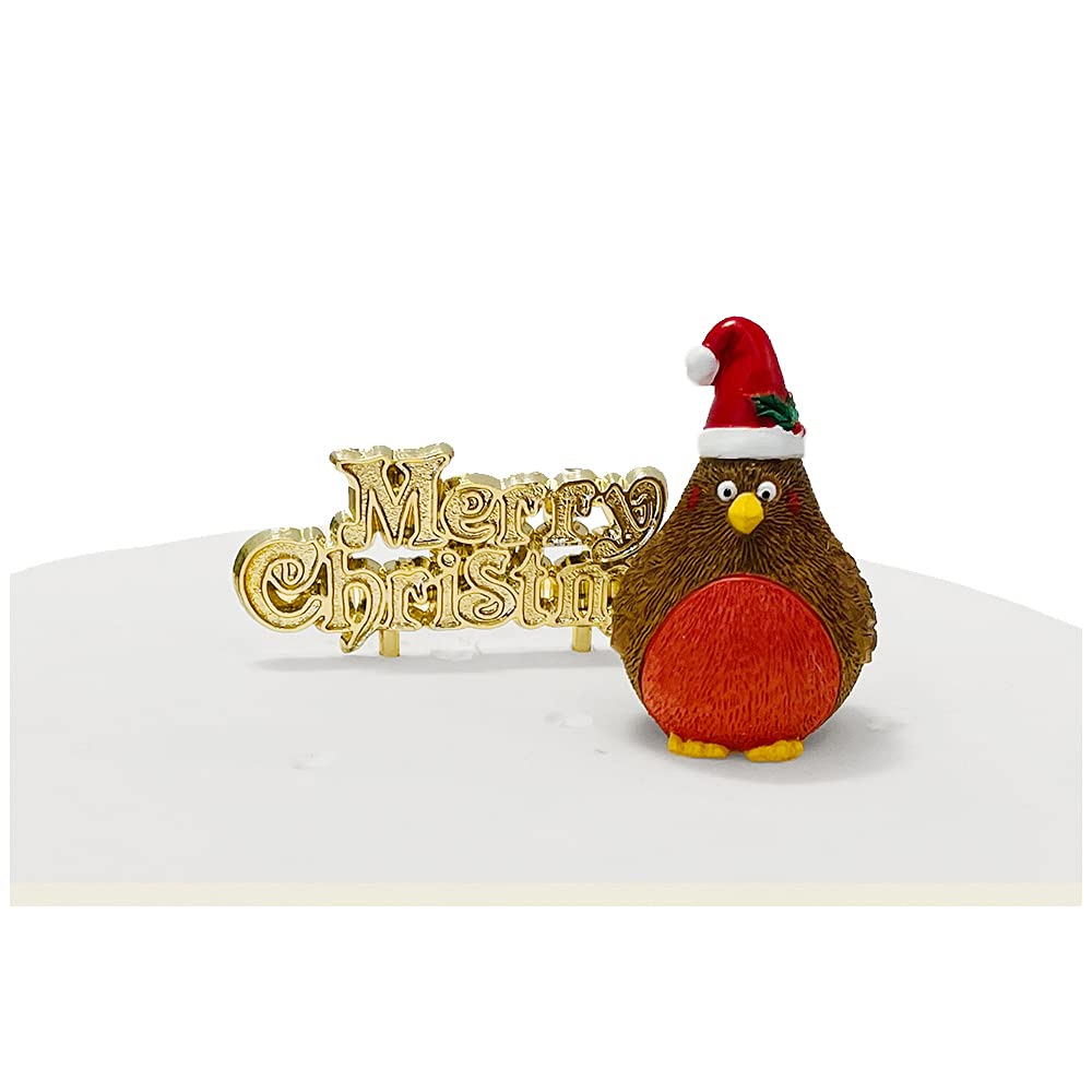 Anniversary House - Plump Christmas Robin Resin Cake Topper & Merry Christmas Motto Set 4