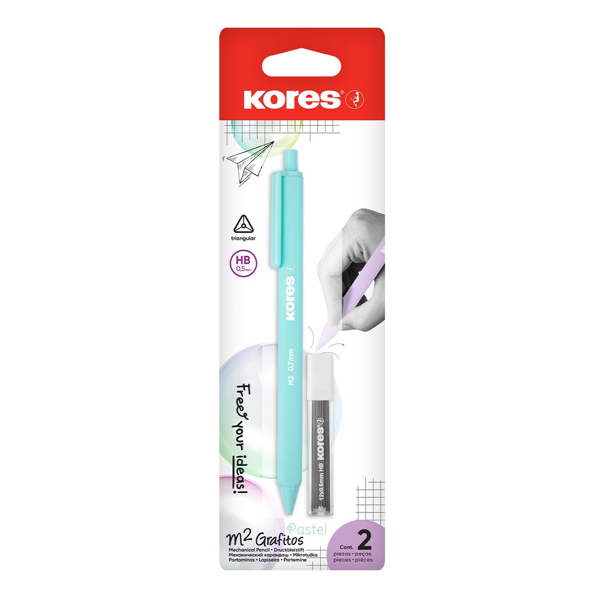Kores M2 Grafitos Mechanical Pencil 0.7mm HB Lead Pastel Colors with Eraser Tip