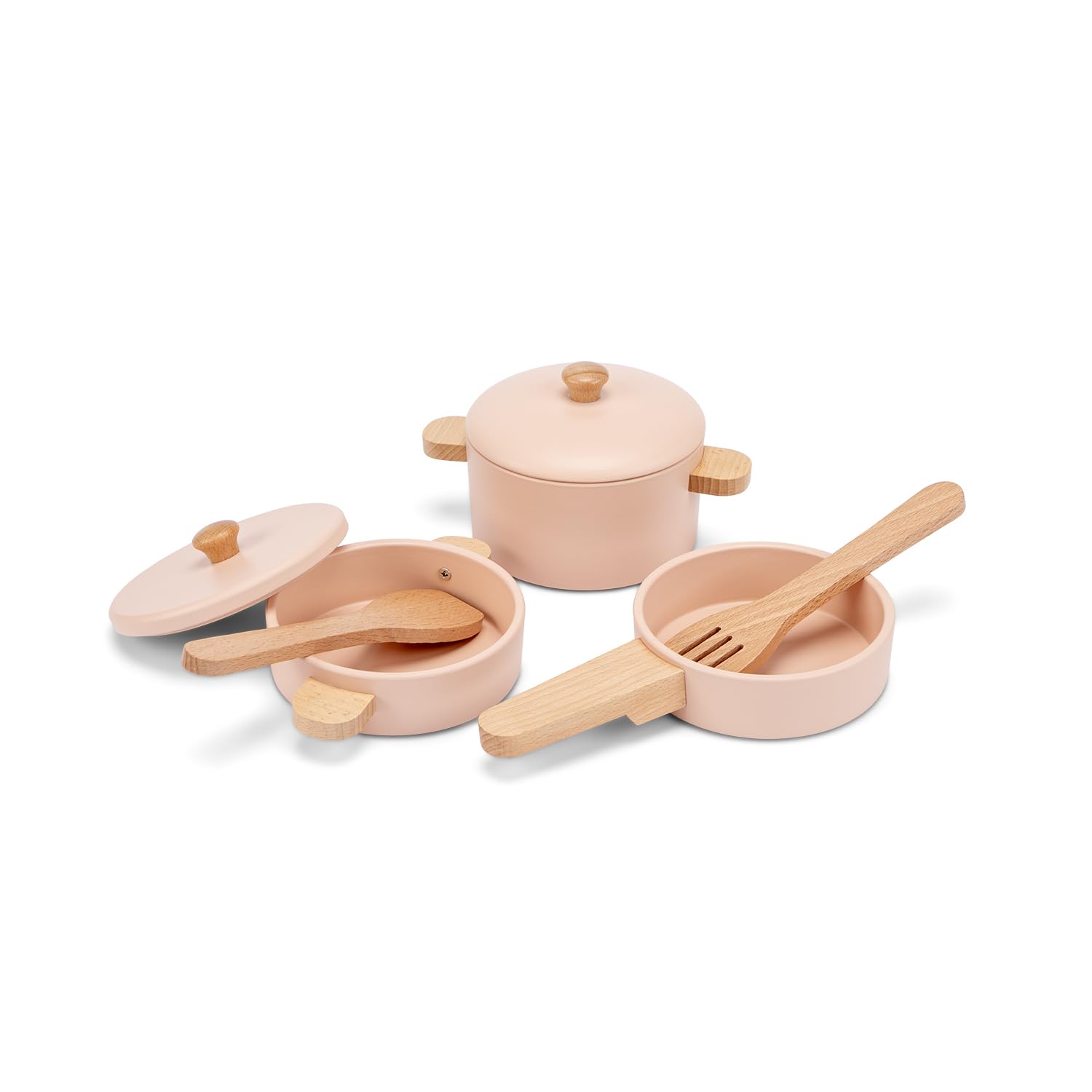 Woet Wooden Pots and Pans Set - 7-Piece FSC Wood Cookware for Toddlers 24 Months+