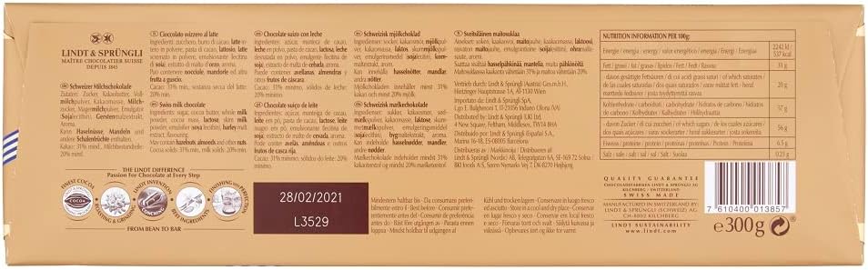Lindt Swiss Milk Chocolate Gold Bar 300g