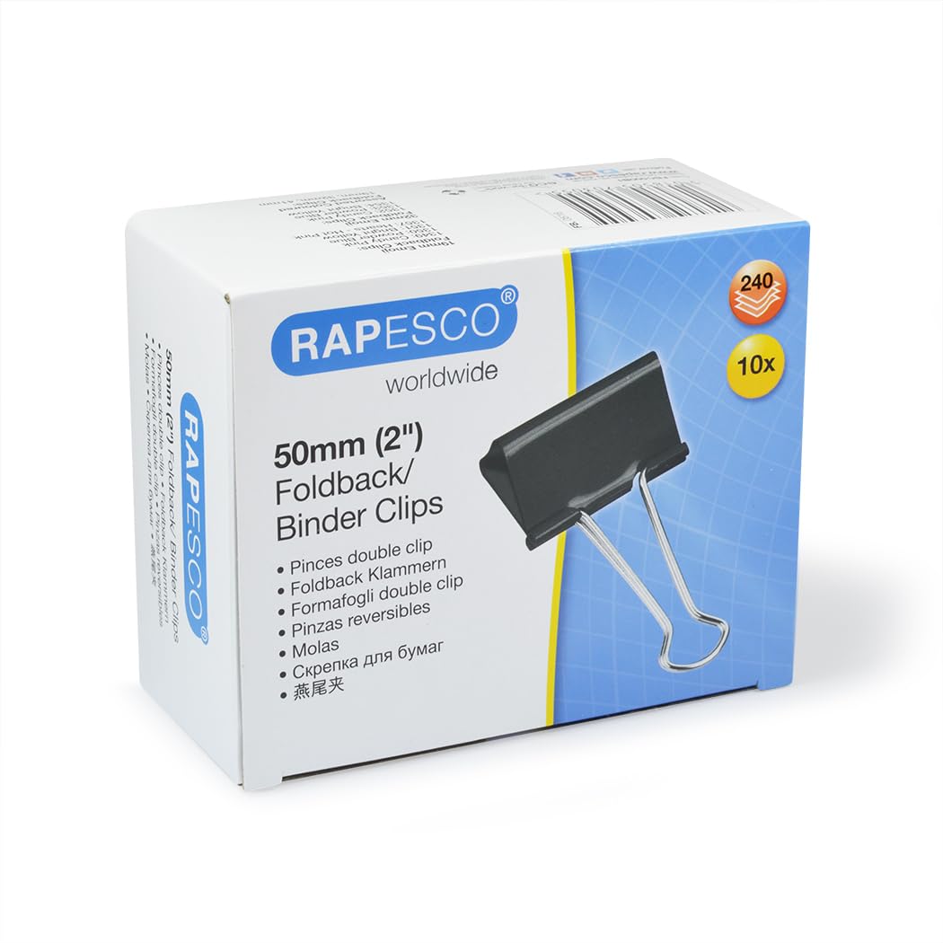 RAPESCO FBC500B1 Foldback Clips - 50mm Capacity, Black, Pack of 10 | Tempered Steel