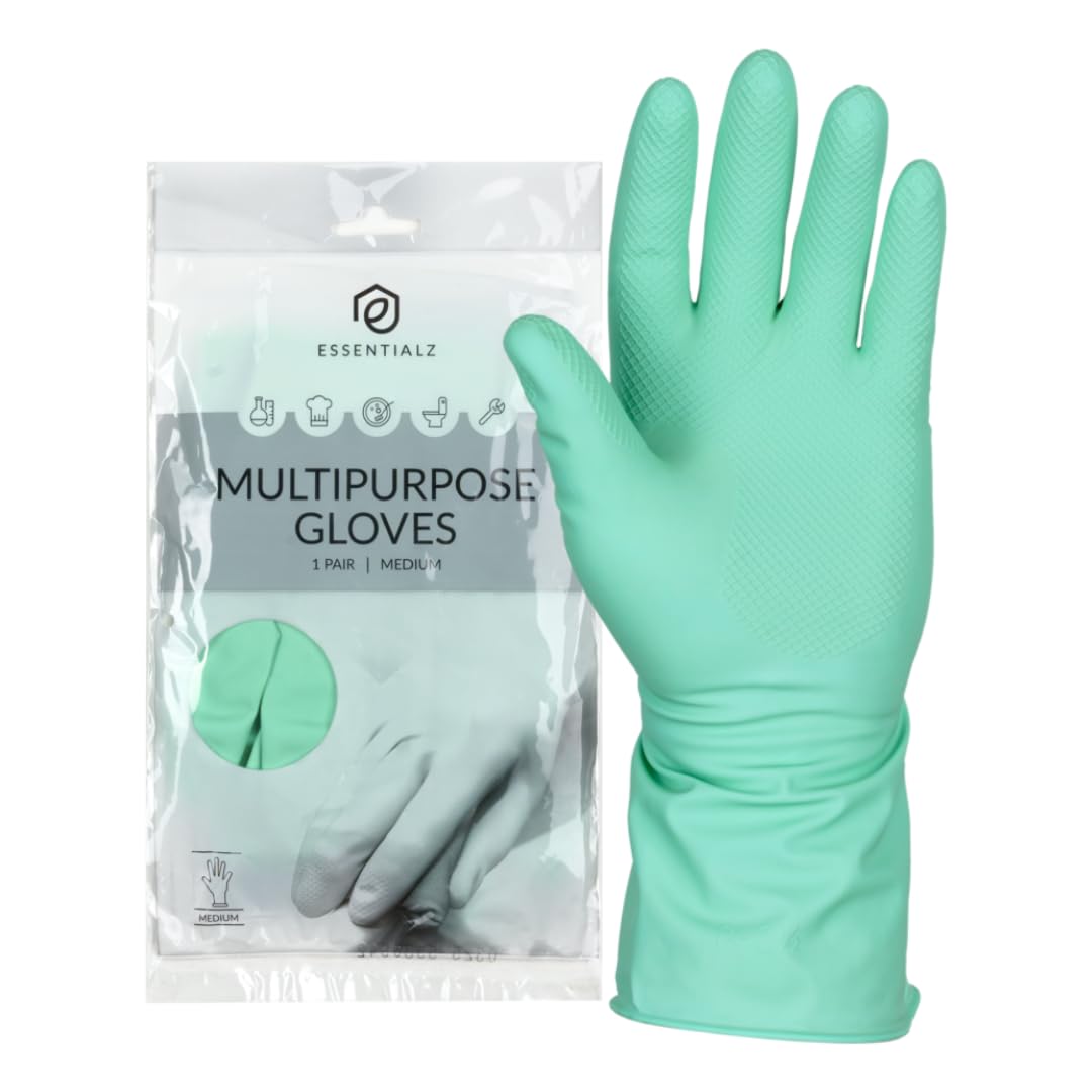 Essentialz Heavy Duty Latex Household Gloves - Green, Medium Size, Reusable Protection 1
