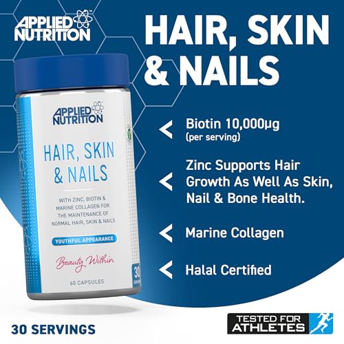 Applied Nutrition Hair, Skin, Nails - Biotin & Marine Collagen Supplement for Healthy Hair, Skin, and Nails - 60 Capsules