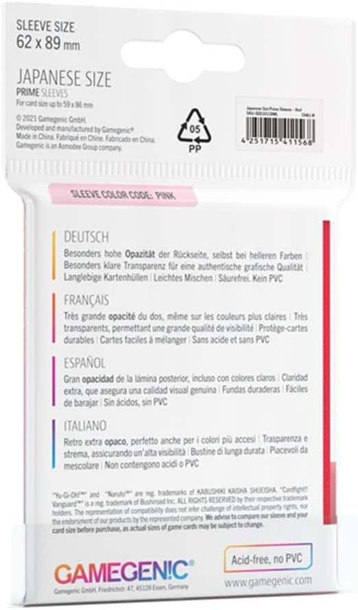 Gamegenic Prime Japanese Sized Sleeves Red - 60 Pack for Yu-Gi-Oh!, Naruto, Cardfight!! Vanguard