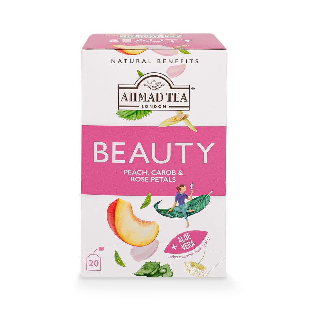 Ahmad Tea Natural Benefit Beauty Infusion Rooibos Tea with Peach, Carob & Rose Petals, 20 Count