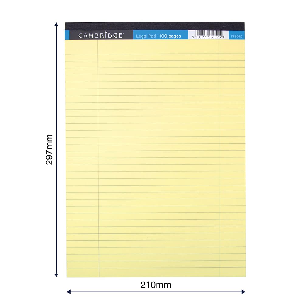 Cambridge A4 Legal Refill Pad - Yellow, 70gsm Lined with Margin | 100 Pages per Pad | Pack of 5