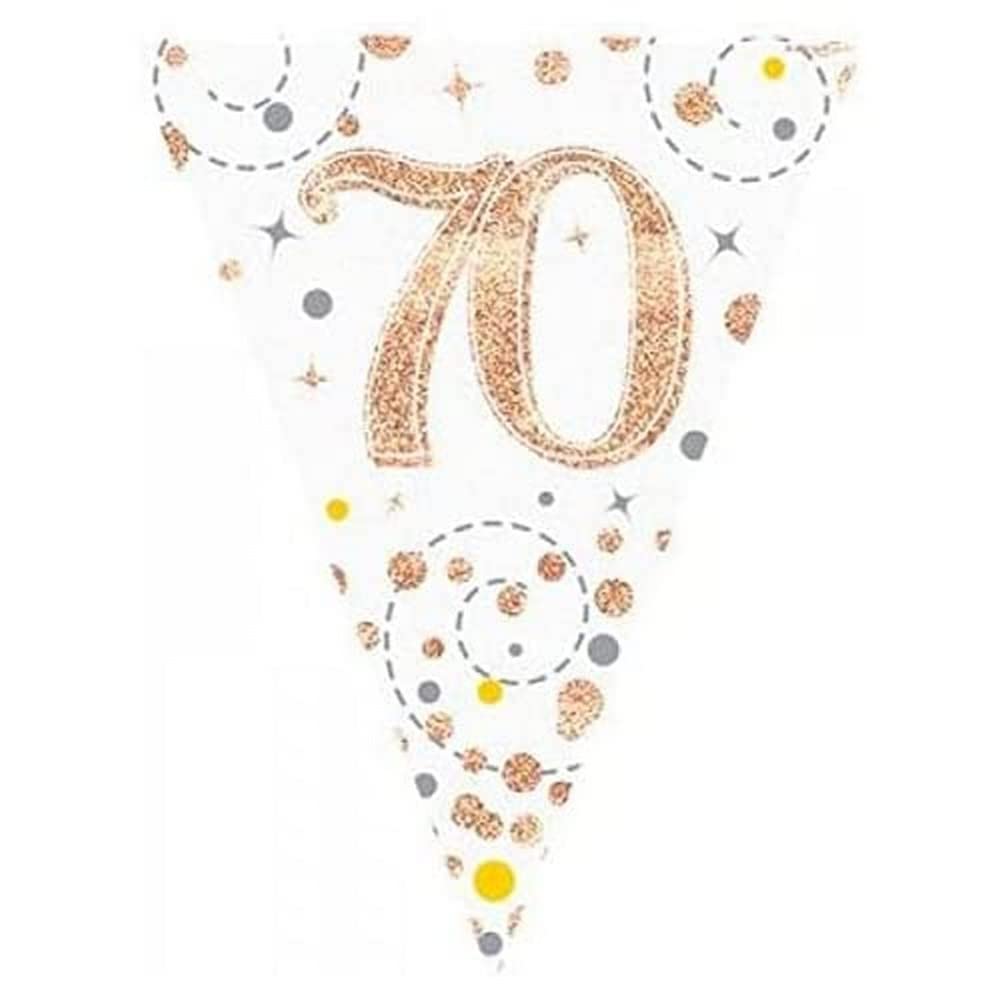 OakTree Party Bunting Sparkling Fizz 70 - White & Rose Gold Holographic, 11 Flags, 3.9m Length