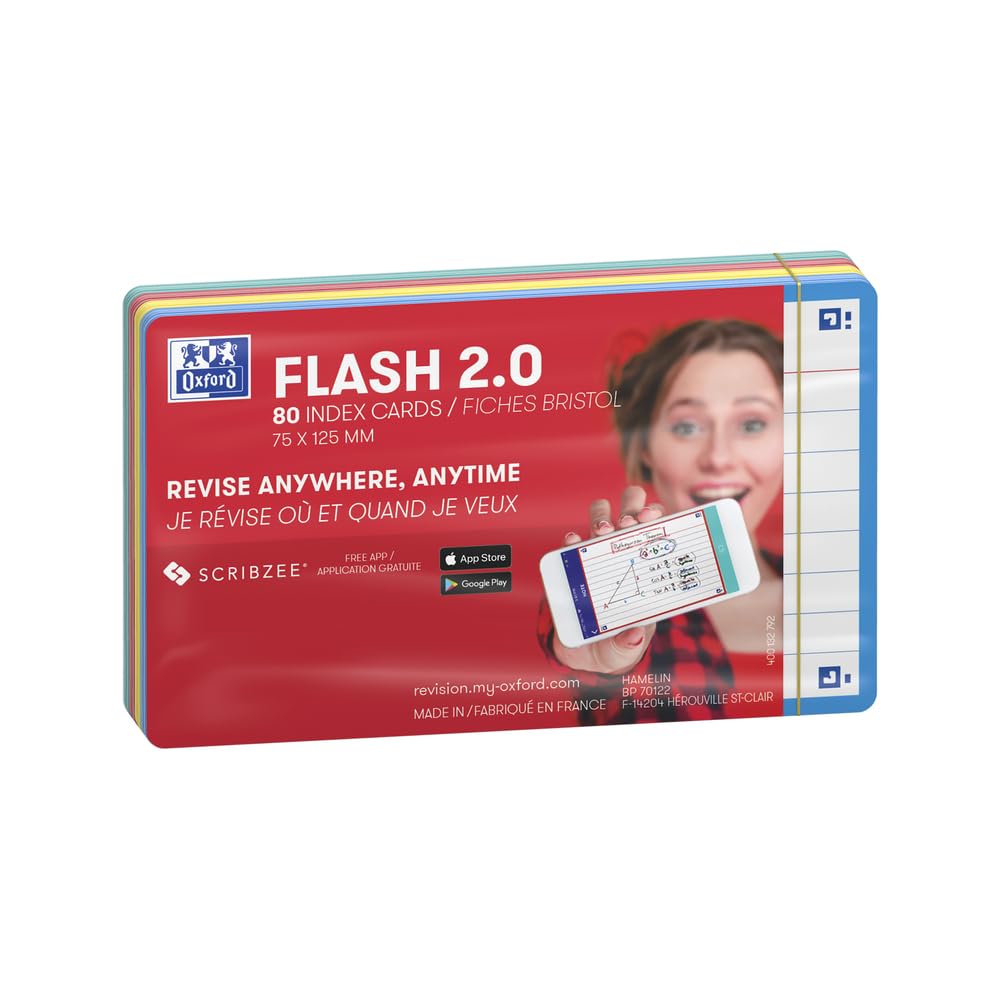 Oxford Revision Flash Cards - Ruled, Assorted Colours, 7.5 x 12.5 cm | Pack of 80
