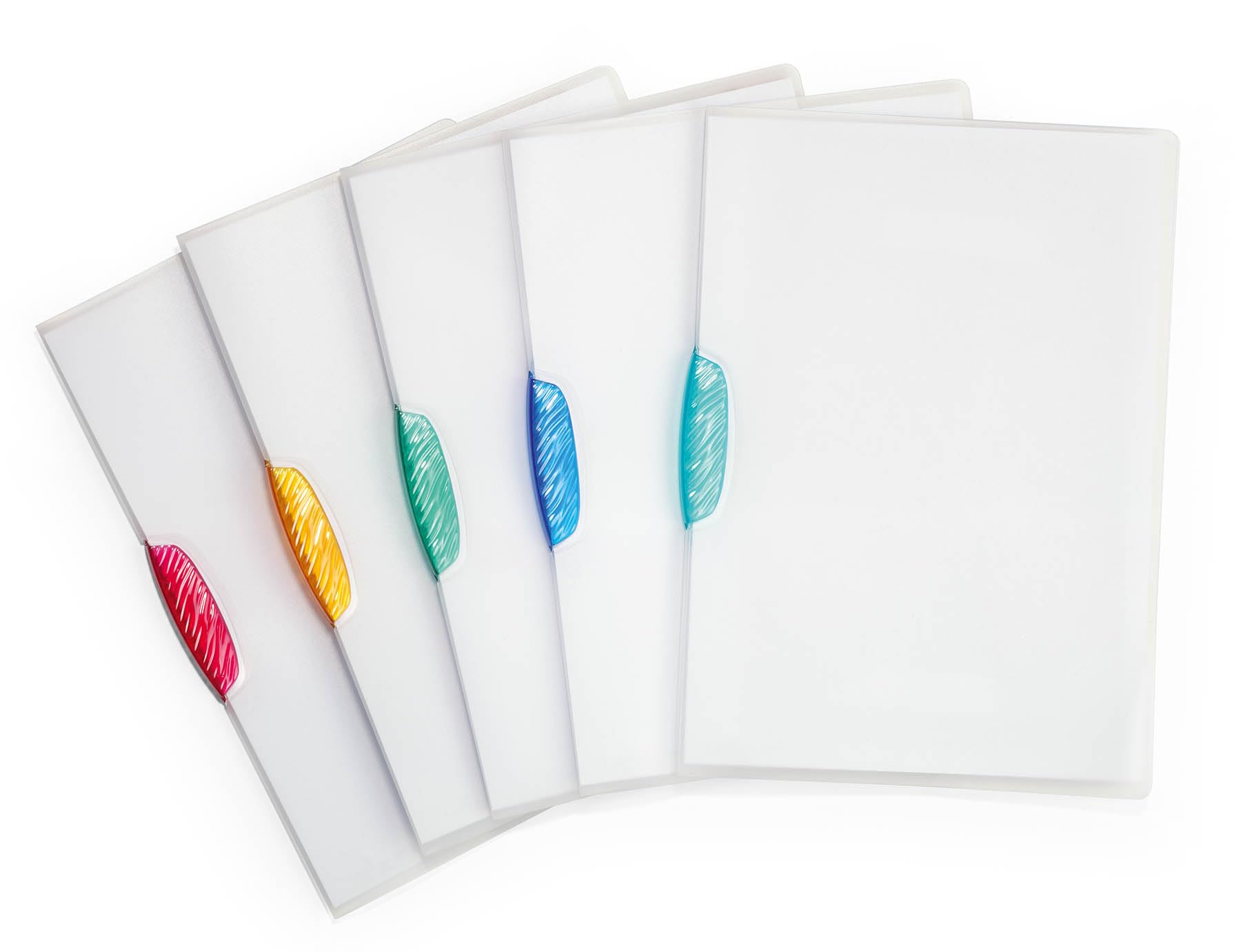 Durable SWINGCLIP® - 5 Pack A4 Clip Folders | Holds 30 Sheets | Transparent with Multicolor Clips