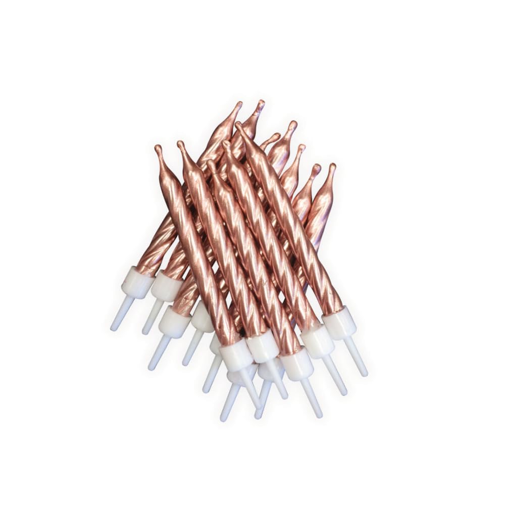 Anniversary House Pack of 12 Rose Gold Metallic Spiral Birthday Candles with Holders | 7.5cm Tall